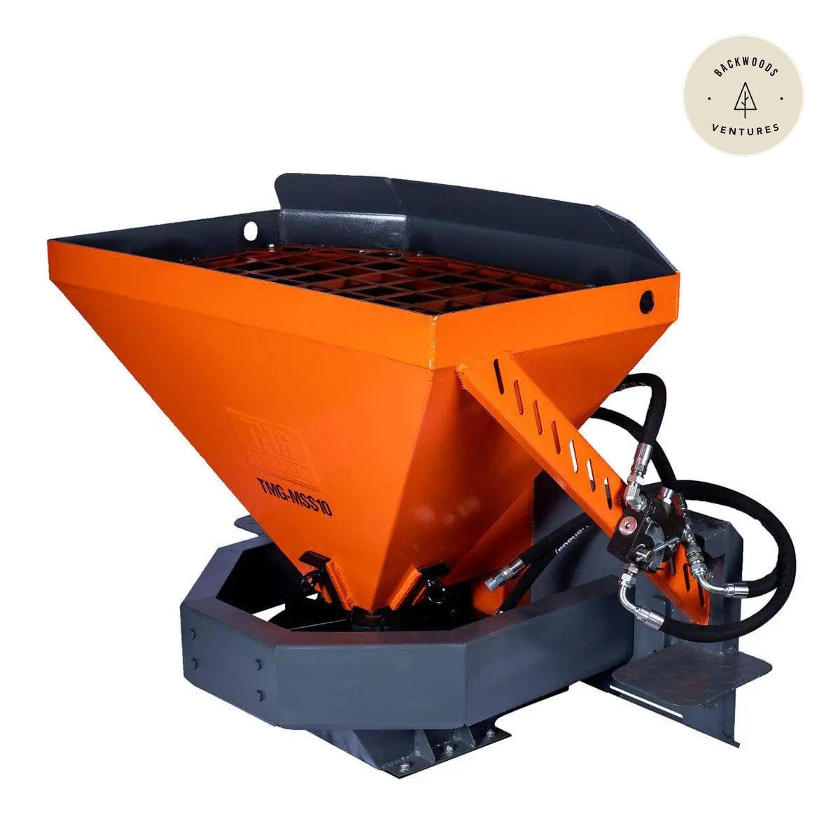 Skid Steer Tilt-N-Scoop Material Spreader, 10 Cu-Ft Capacity, 30' Wide Spread Range, 6.5-12 GPM Flow Rate, Sidewalk Skirt, Universal Mount, TMG-MSS10