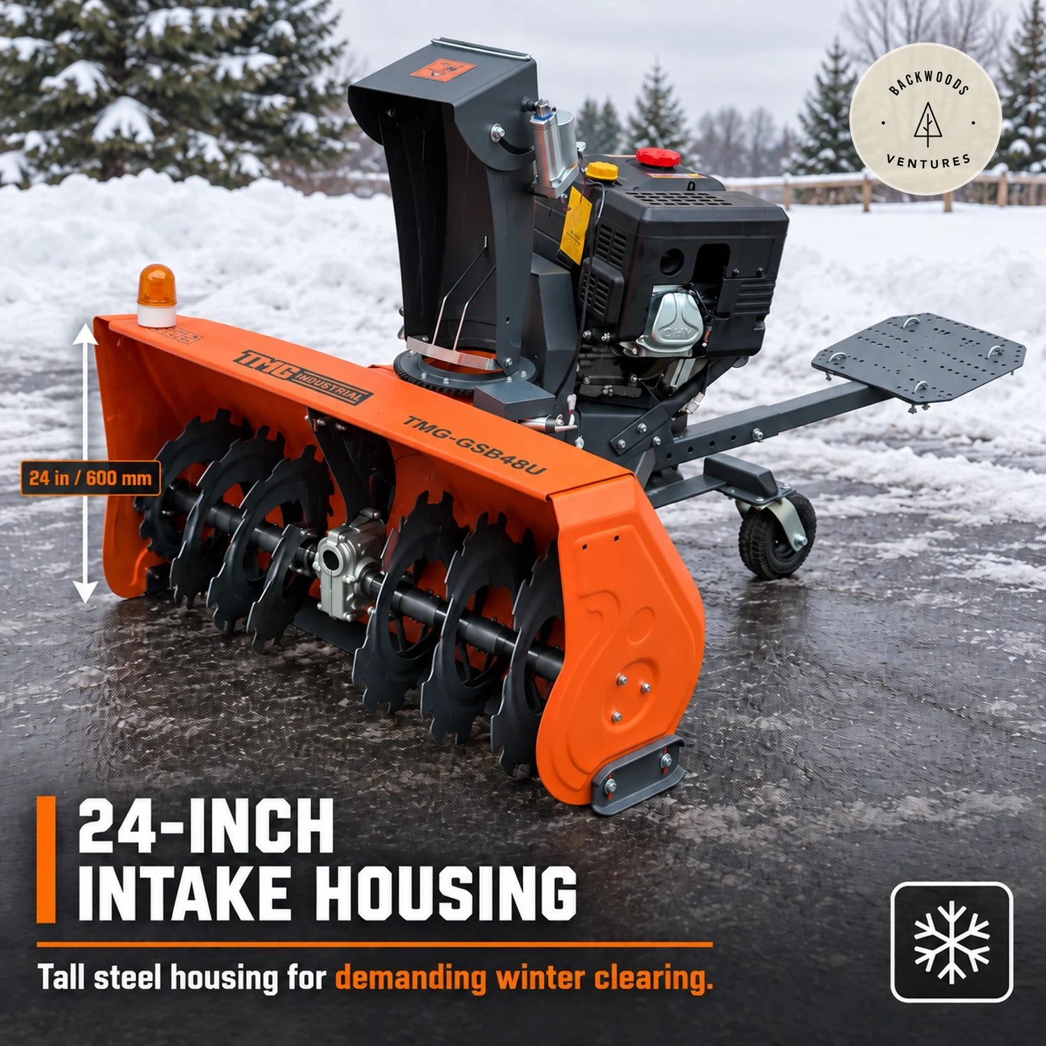 47" ATV/UTV Gas Snow Blower, 24" intake height, 420cc Gas Engine, Serrated Auger, Remote Control, Universal Mount Plate, TMG-GSB48U