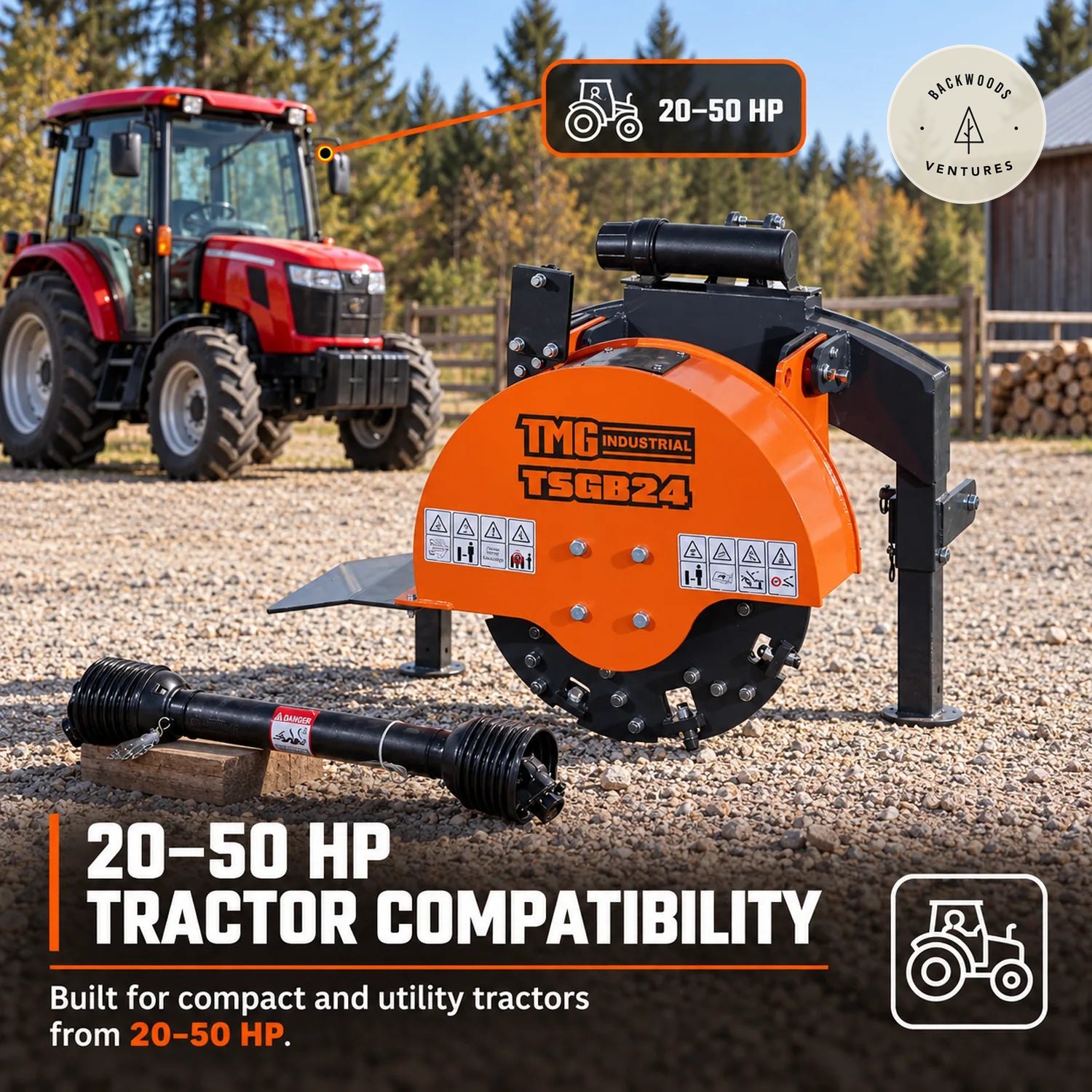24" Stump Grinder, 3-Point Hitch Category 1, 34 Tungsten Carbide Teeth, for 20-50 HP Tractors, PTO Shaft Included, TMG-TSGB24