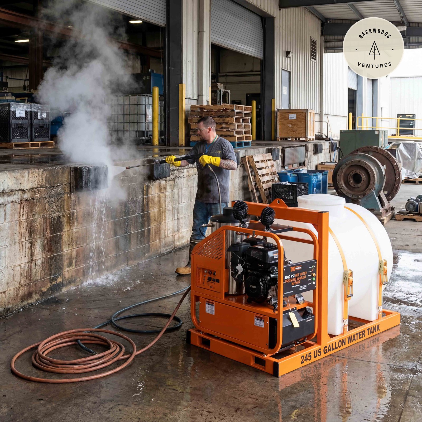 4000 PSI Hot Water Pressure Washer, Skid Mounted with 245 Gallon Tank, 14 HP Kohler Engine TMG-HW42T