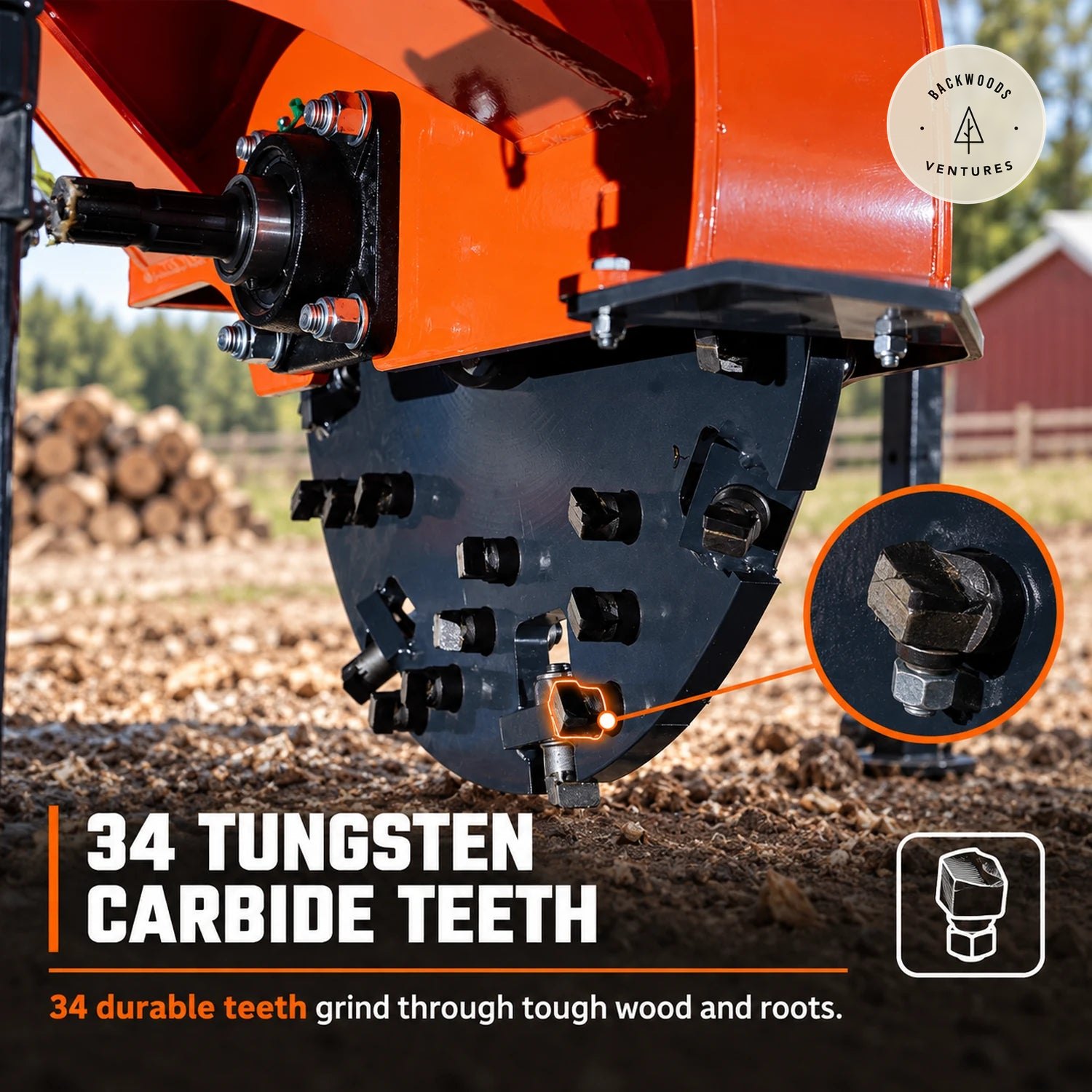 24" Stump Grinder, 3-Point Hitch Category 1, 34 Tungsten Carbide Teeth, for 20-50 HP Tractors, PTO Shaft Included, TMG-TSGB24
