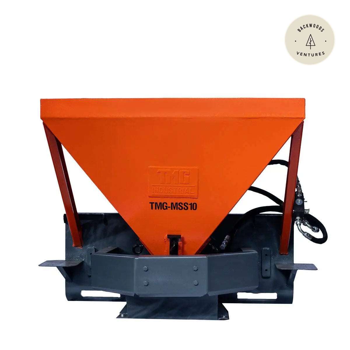 Skid Steer Tilt-N-Scoop Material Spreader, 10 Cu-Ft Capacity, 30' Wide Spread Range, 6.5-12 GPM Flow Rate, Sidewalk Skirt, Universal Mount, TMG-MSS10