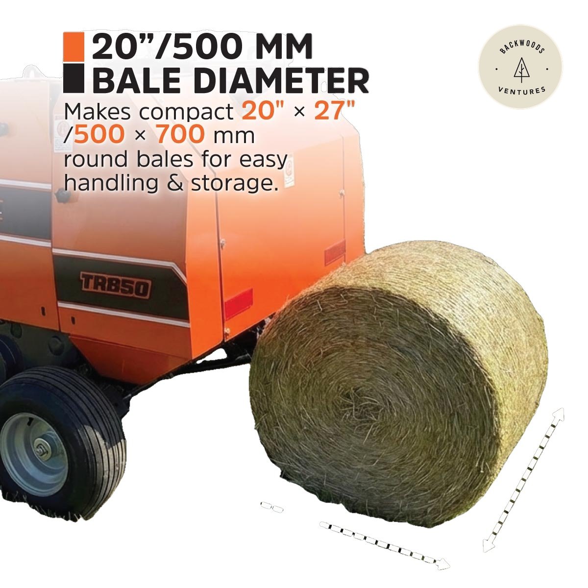 20" x 27" Round Hay Baler, Twine Bind, 3-Point Hitch, Category 1, PTO Shaft Included, 15 - 50 HP Tractor, TMG-TRB50