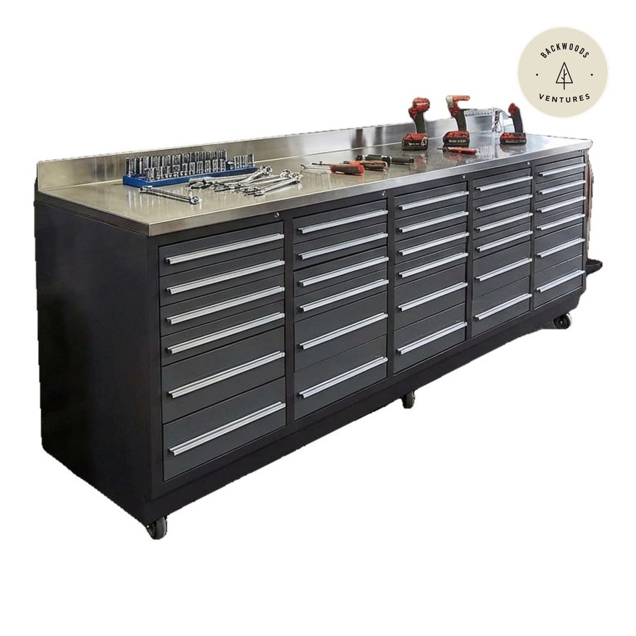 TMG Heavy Series™ 9-Ft 30-Drawer Workbench with Stainless Steel Top, Ball Bearing Double Slides & Casters, TMG-WB930