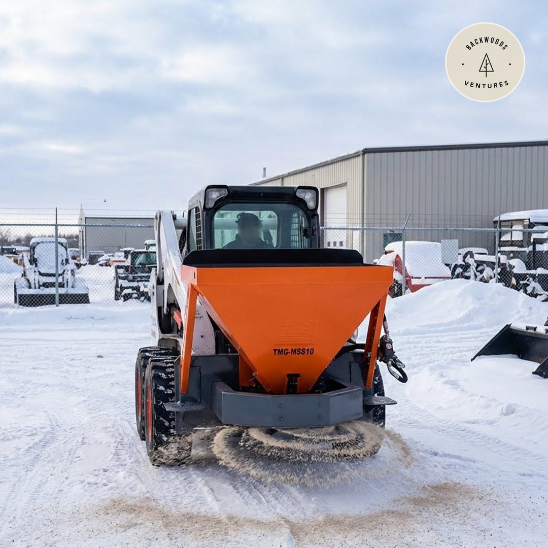Skid Steer Tilt-N-Scoop Material Spreader, 10 Cu-Ft Capacity, 30' Wide Spread Range, 6.5-12 GPM Flow Rate, Sidewalk Skirt, Universal Mount, TMG-MSS10