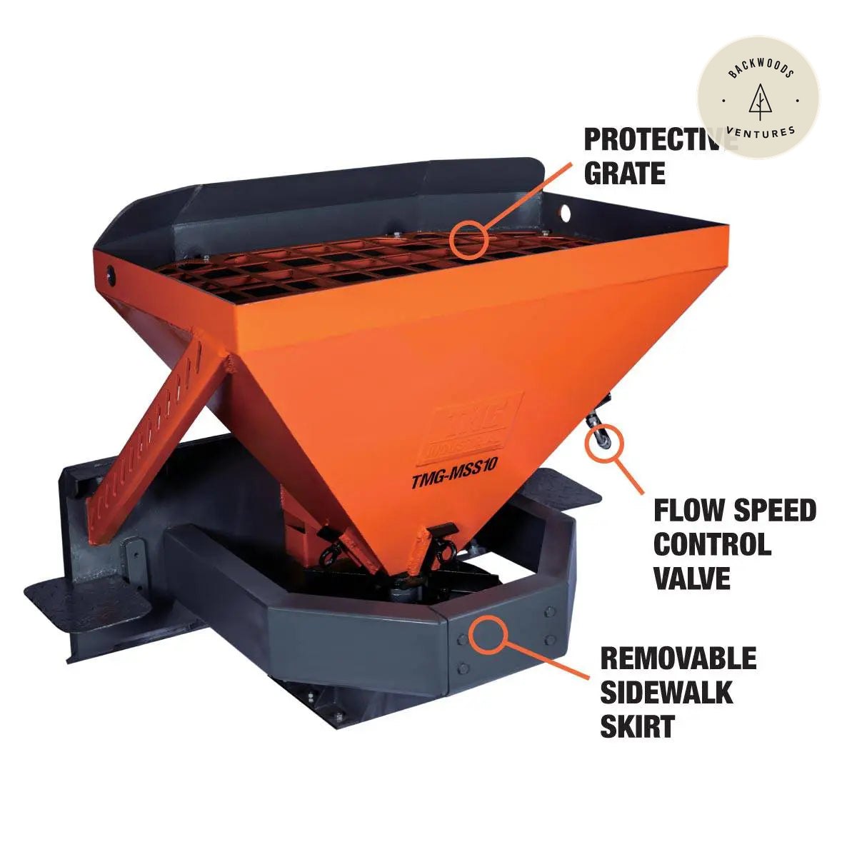 Skid Steer Tilt-N-Scoop Material Spreader, 10 Cu-Ft Capacity, 30' Wide Spread Range, 6.5-12 GPM Flow Rate, Sidewalk Skirt, Universal Mount, TMG-MSS10
