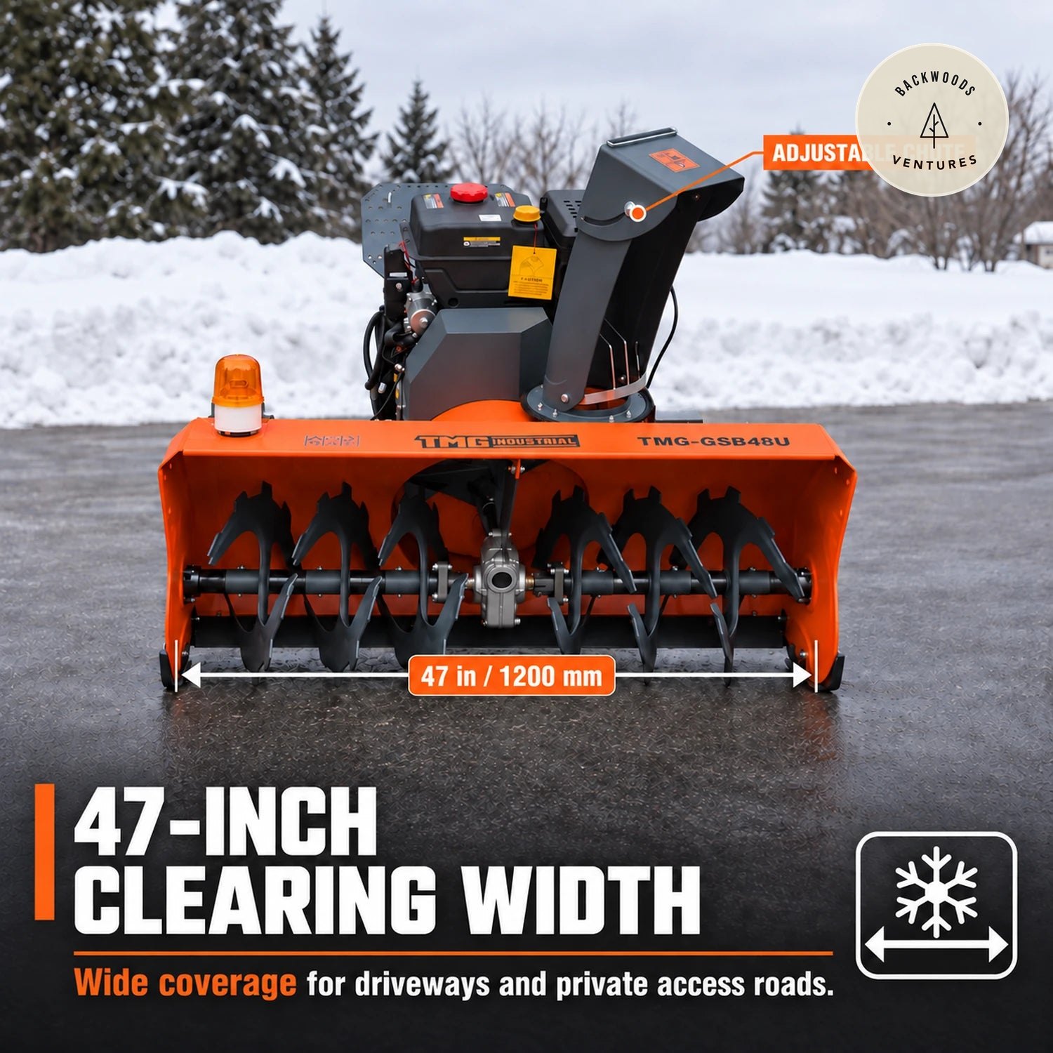 47" ATV/UTV Gas Snow Blower, 24" intake height, 420cc Gas Engine, Serrated Auger, Remote Control, Universal Mount Plate, TMG-GSB48U