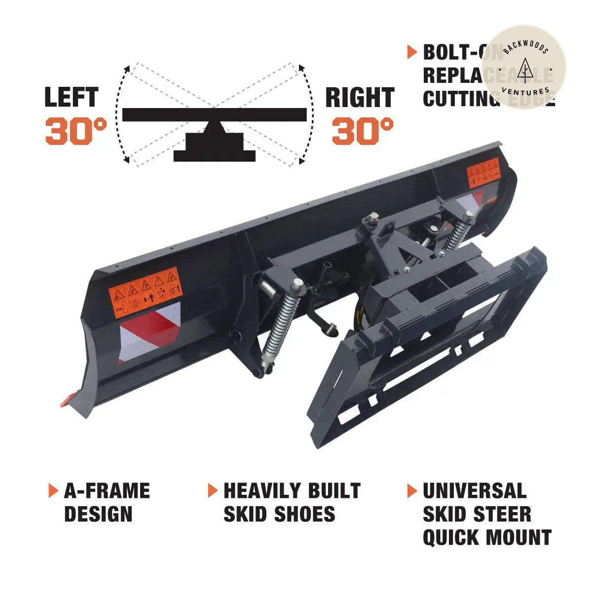 94" Skid Steer Dozer Blade/Snow Plow Pusher, 30° Left & Right, Bolt-On Cutting Edge, Adjustable Skid Shoes, Universal Quick Mount, TMG-DB94
