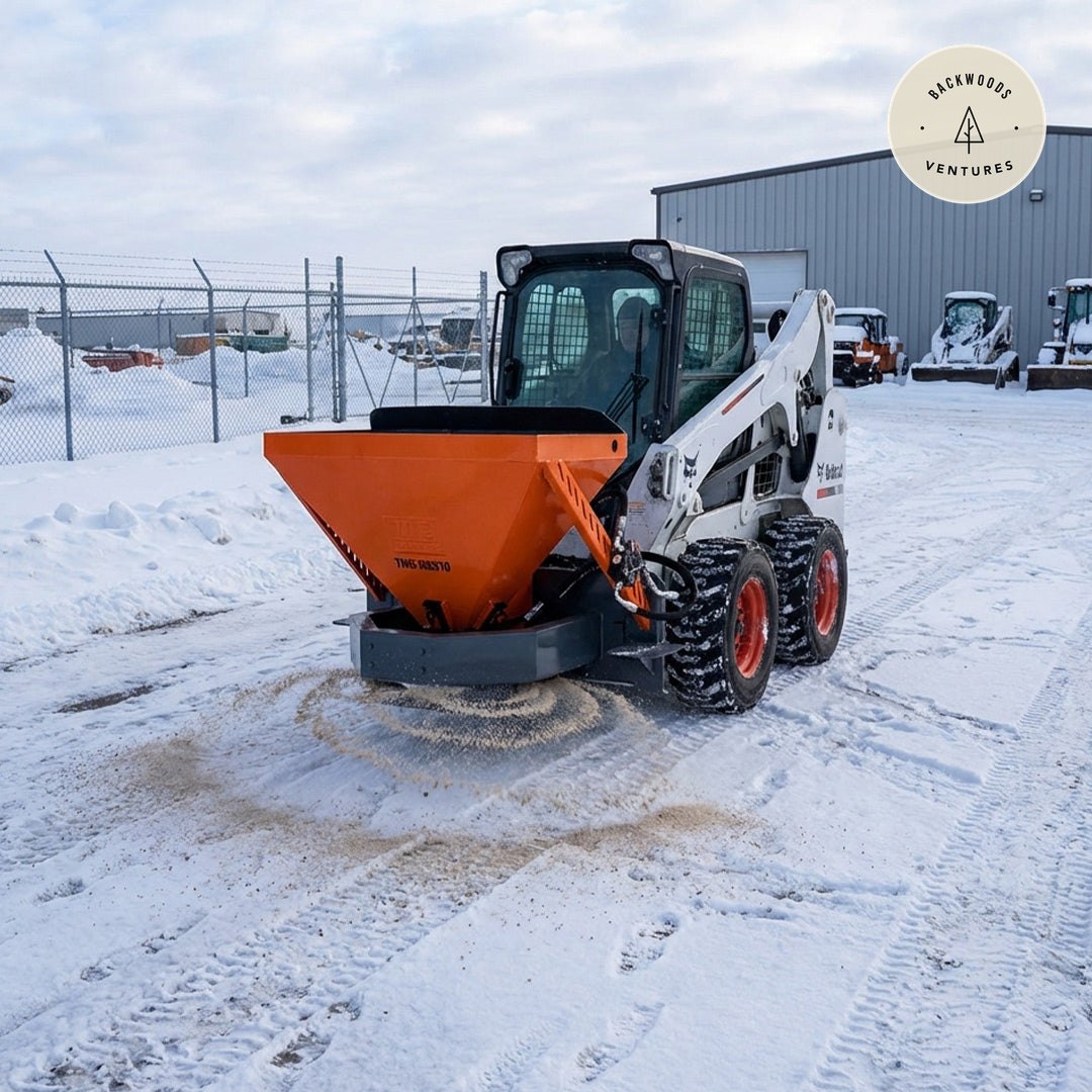 Skid Steer Tilt-N-Scoop Material Spreader, 10 Cu-Ft Capacity, 30' Wide Spread Range, 6.5-12 GPM Flow Rate, Sidewalk Skirt, Universal Mount, TMG-MSS10