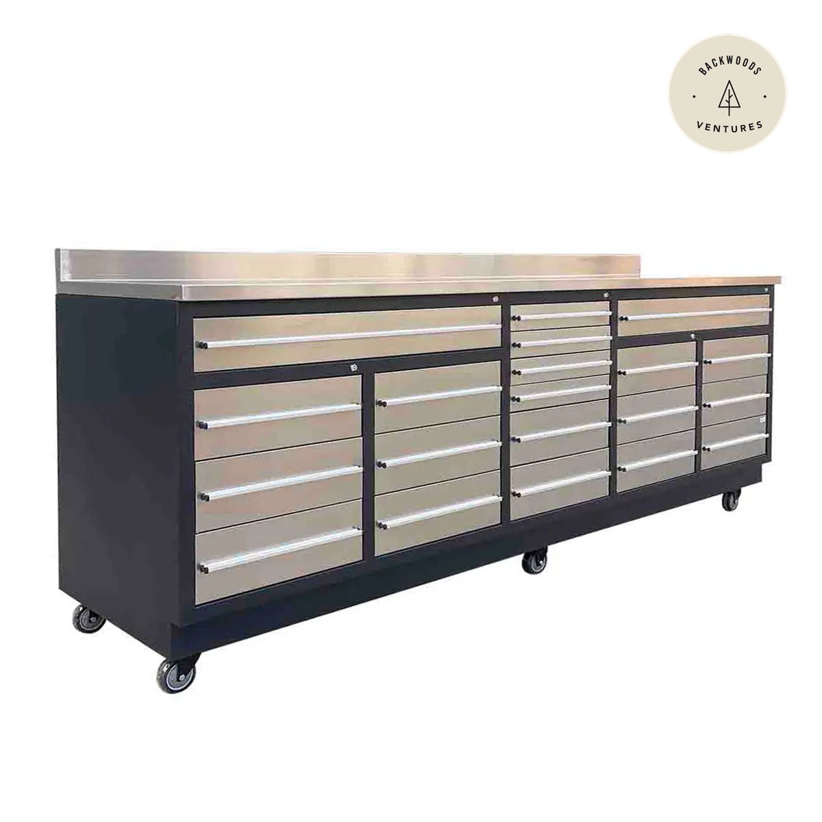 TMG Heavy Series™ 9-Ft 20 Drawer Stainless Steel Workbench, Ball Bearing Double Slides & Casters, TMG-WB921S (Previously TMG-WB21DS)