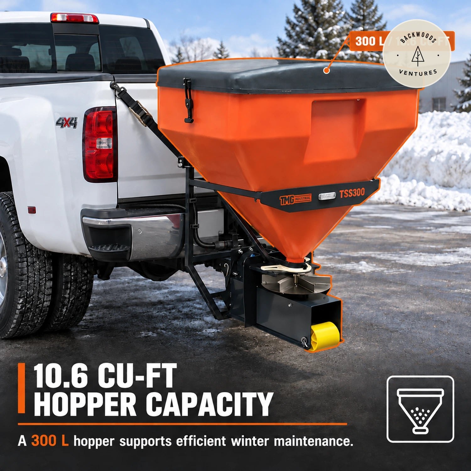 10.6 Cu-Ft Truck Tailgate Salt Spreader, Poly Hopper, 12V Motor, In-Cab Control, 2" Receiver Hitch, TMG-TSS300