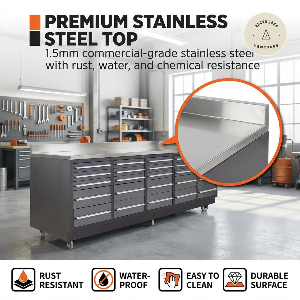 TMG Heavy Series™ 9-Ft 30-Drawer Workbench with Stainless Steel Top, Ball Bearing Double Slides & Casters, TMG-WB930