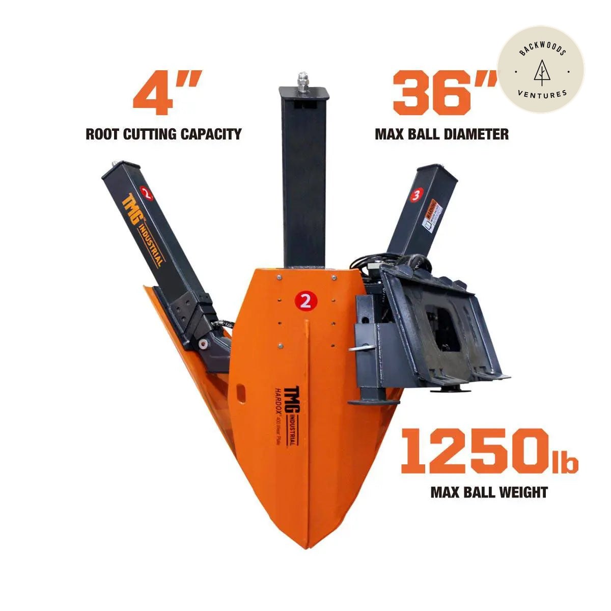 36" Skid Steer Hydraulic Tree Spade, 4" Diameter Cut Capacity, 22" Blade Opening, Hardox® 400 Blades, TMG-STS35