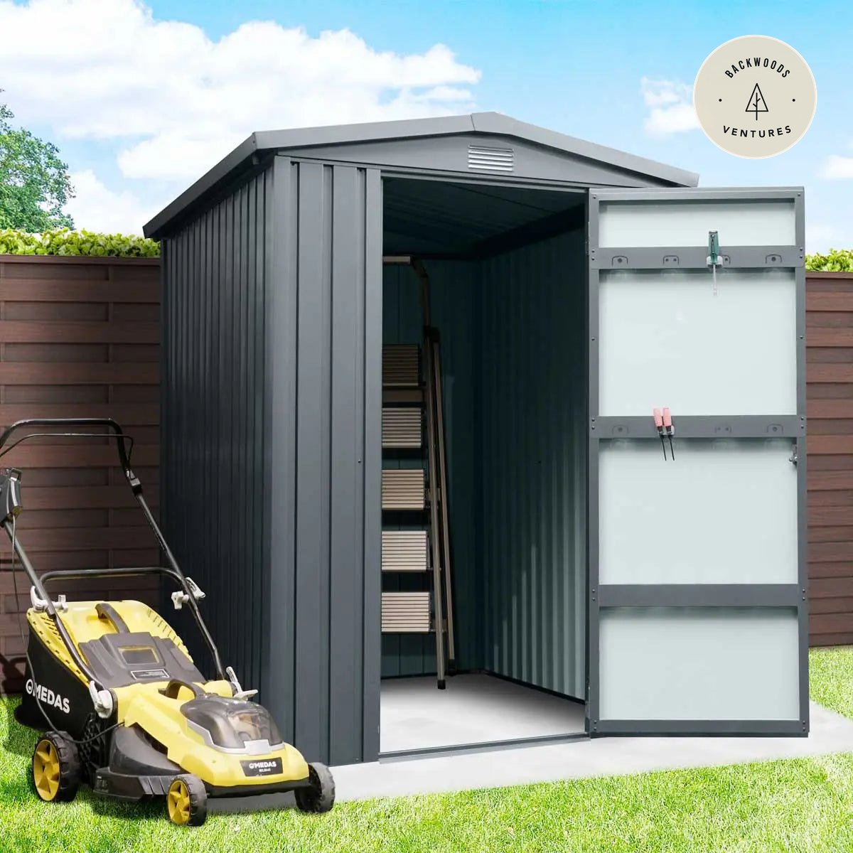 TMG Heavy Series™ 5'x 6' Apex Roof Metal Shed, Galvanized corrugated metal, Apex roof design, Two air vents, TMG-MS0506