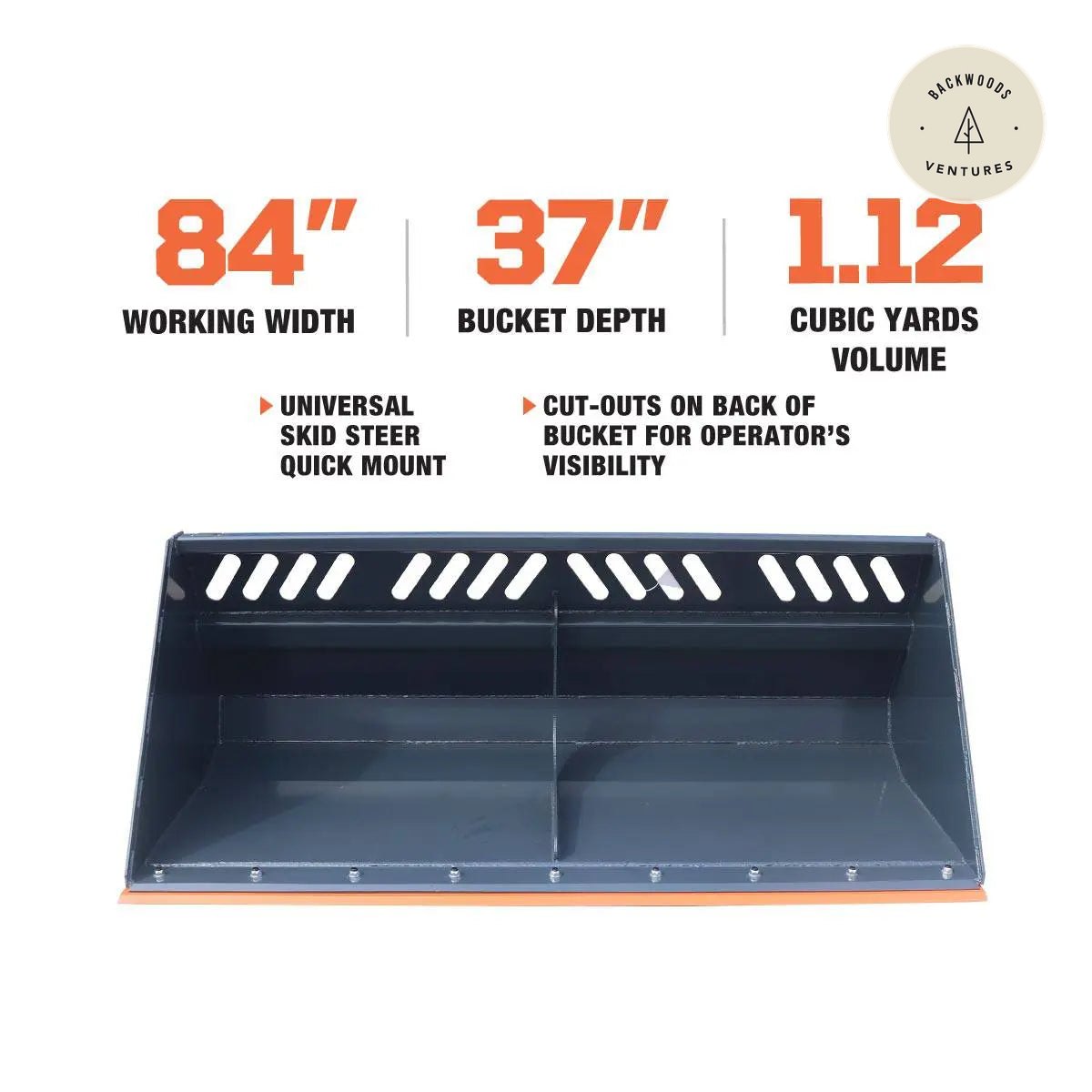 Heavy-Duty 84" Skid Steer Snow/Mulch Bucket, Bolt-On Cut Edge, 1500-lb Weight Capacity, Universal Quick Mount, TMG-SN84